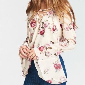 Show Me Your Mumu Floral Lace Up Blouse Top Bell Sleeve Small S